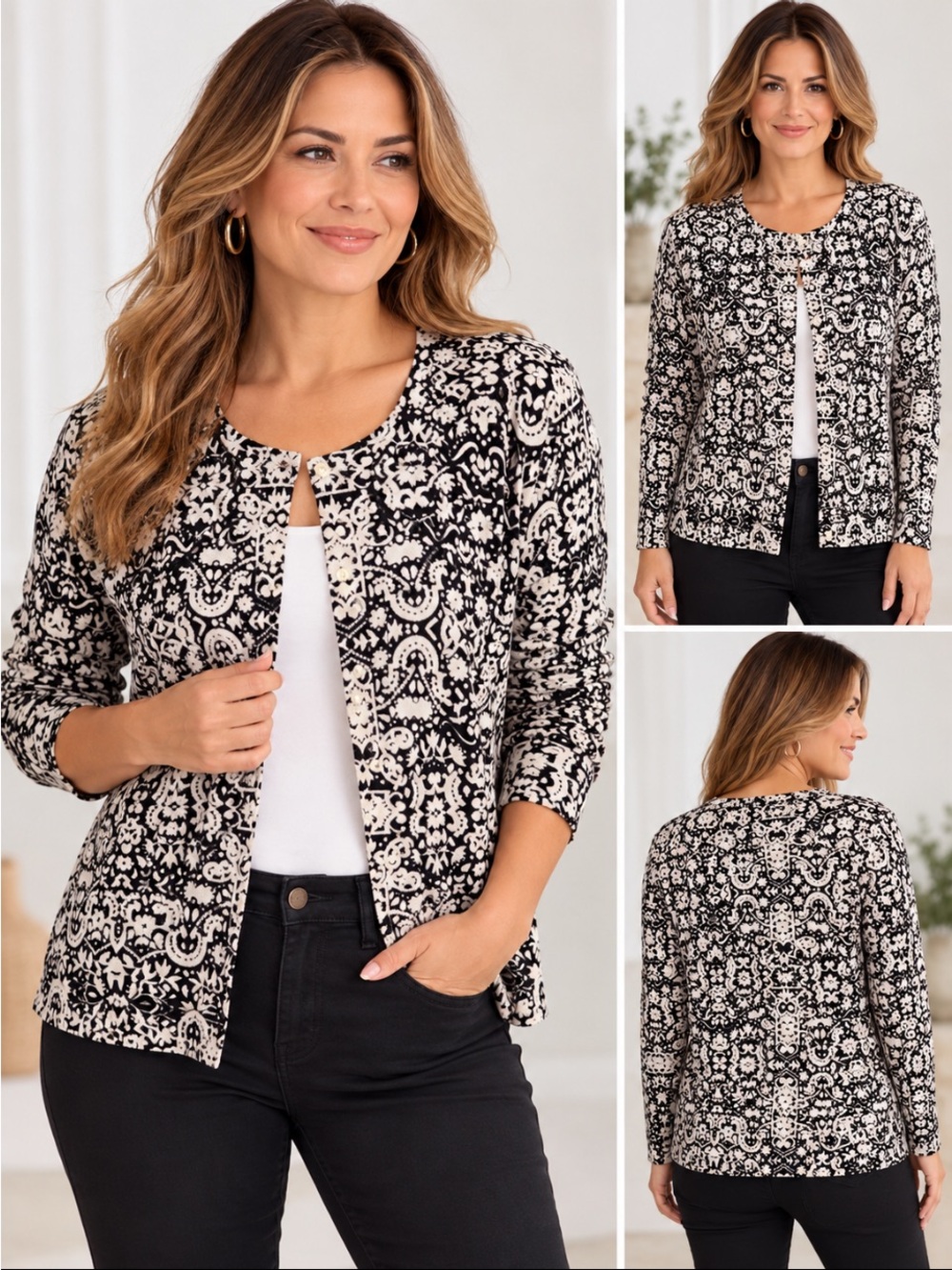 Croft & Barrow PXL Petite Black Cream Paisley Floral Cotton Cardigan